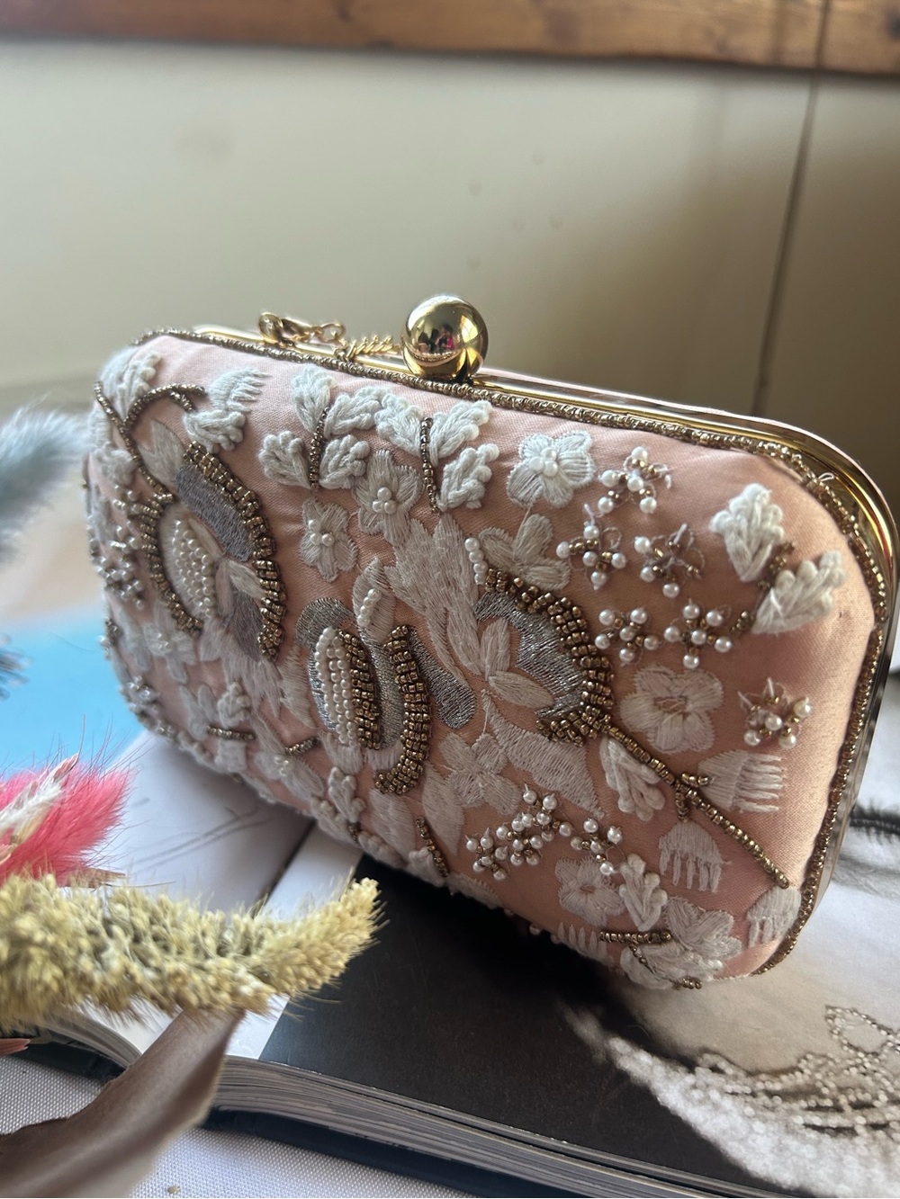 Jewel Embroidered Pink Pearl-Accent Clutch with crossbody handle